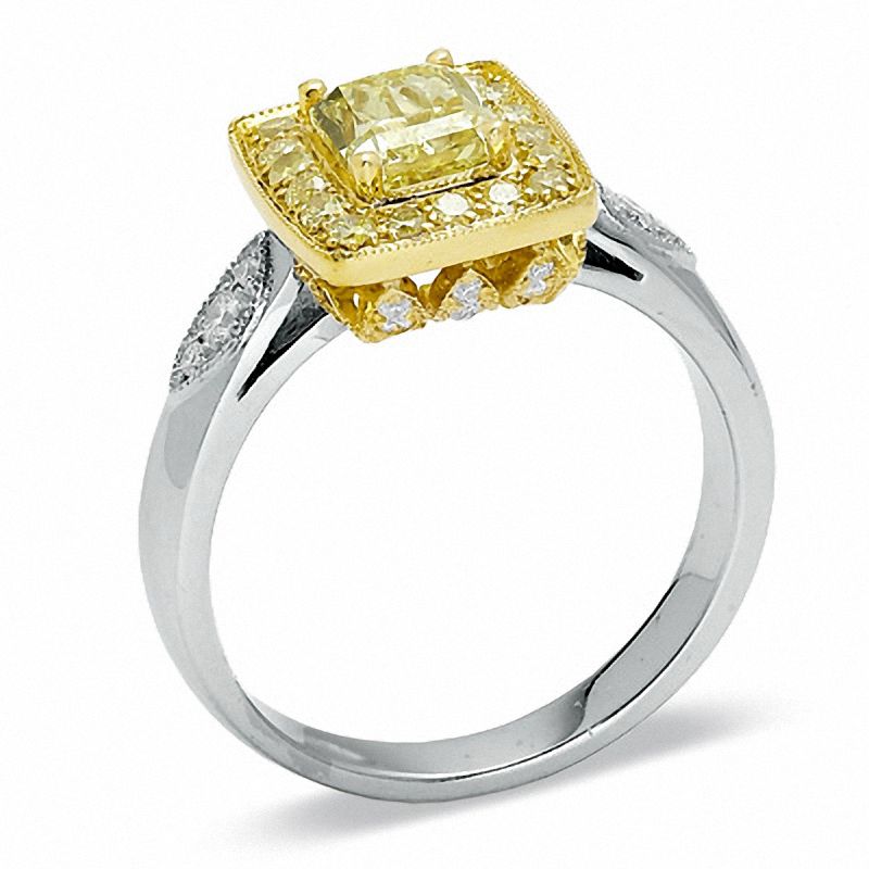 Main Image 2 of 1.29 CT. T.W. Certified Cushion-Cut Fancy Yellow Diamond Framed Ring in 18K White Gold