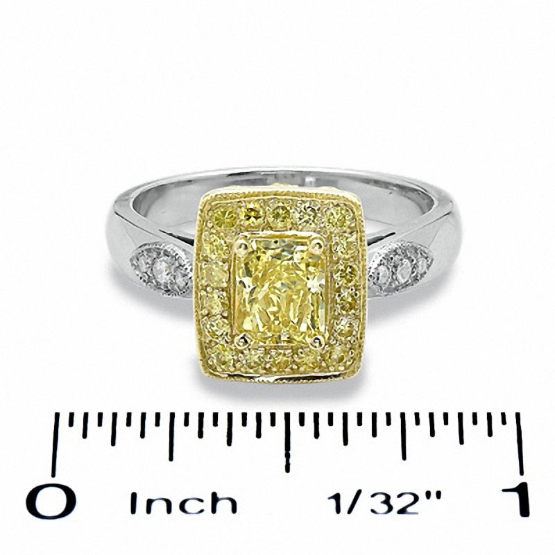 Main Image 3 of 1.29 CT. T.W. Certified Cushion-Cut Fancy Yellow Diamond Framed Ring in 18K White Gold