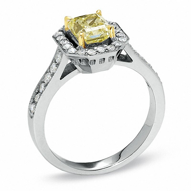 Main Image 2 of 1.40 CT. T.W. Cushion-Cut Yellow Diamond Framed Ring in 18K White Gold