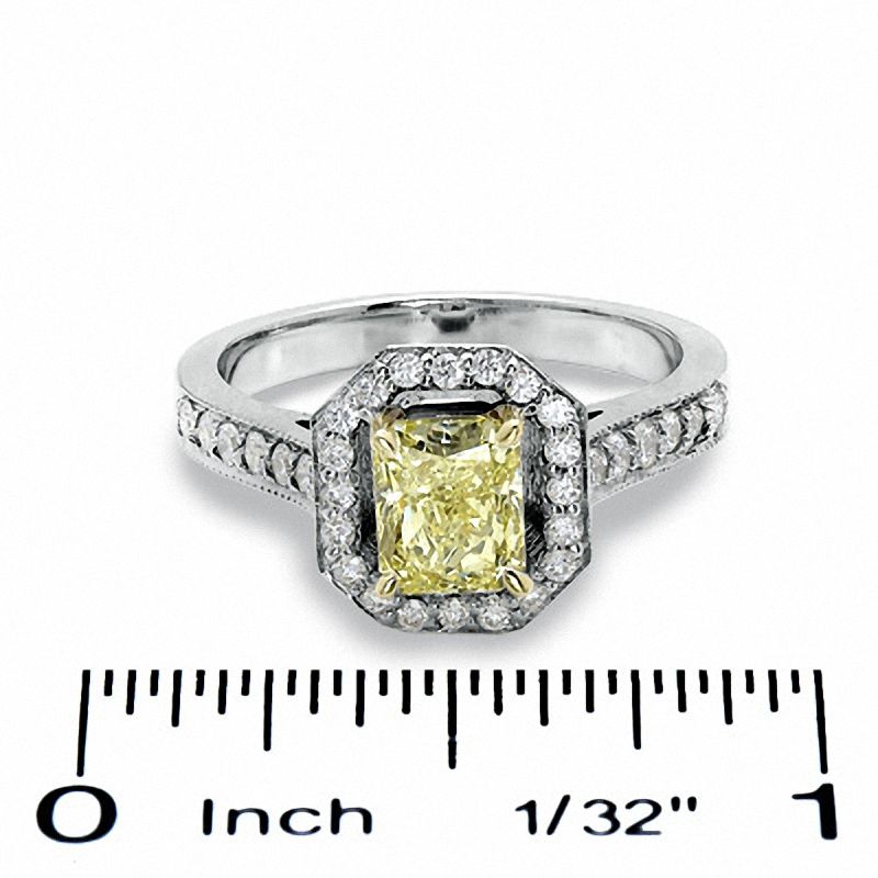 Main Image 3 of 1.40 CT. T.W. Cushion-Cut Yellow Diamond Framed Ring in 18K White Gold