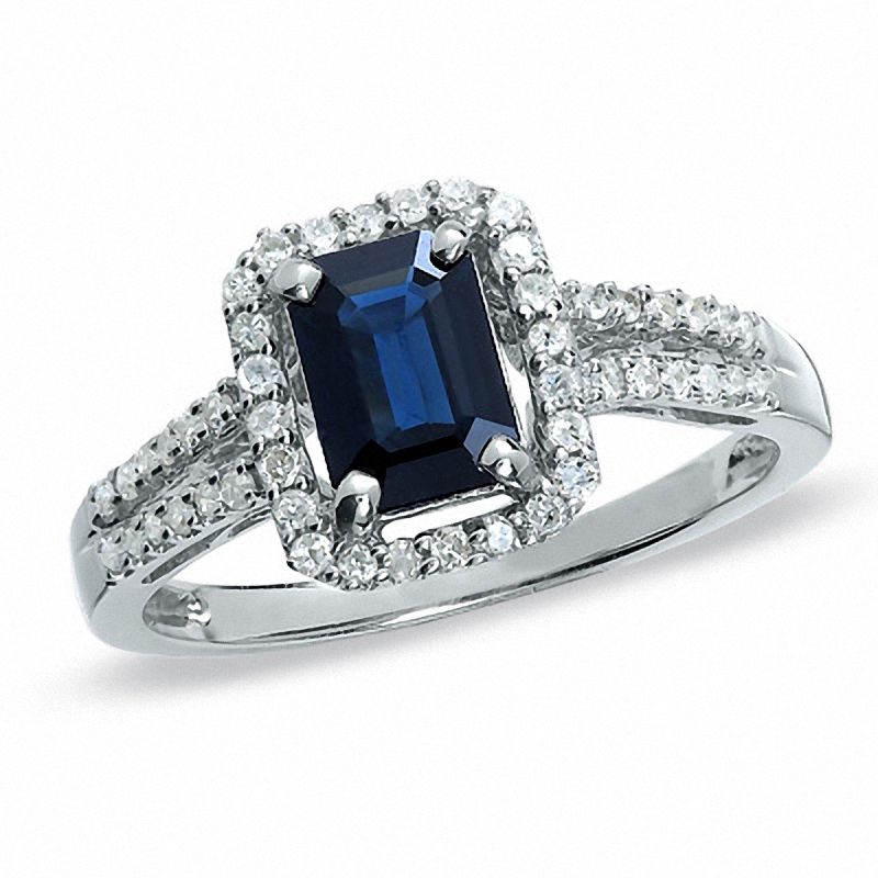 Emerald-Cut Blue Sapphire and Diamond Ring in 10K White Gold