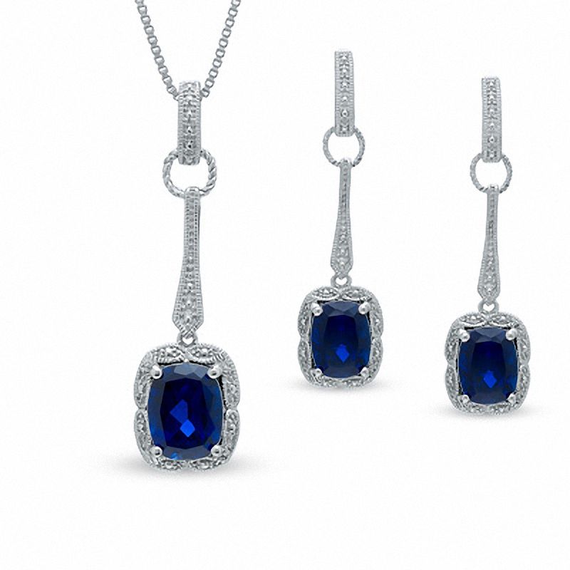 Cushion-Cut Lab-Created Sapphire Pendant and Earrings Set in Sterling Silver