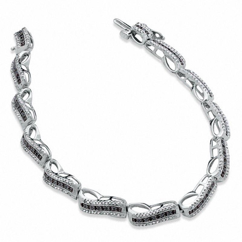 Main Image 2 of 1.00 CT. T.W. Enhanced Black and White Diamond Wave Bracelet in Sterling Silver