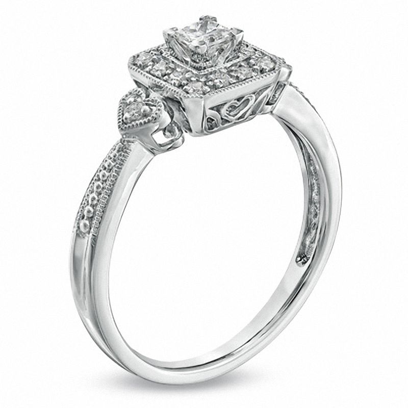 0.33 CT. T.W. Princess-Cut Diamond Framed Milgrain Engagement Ring in 14K White Gold