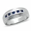 Thumbnail Image 0 of Men's 0.20 CT. T.W. Square-Cut Diamond and Blue Sapphire Band in 14K White Gold