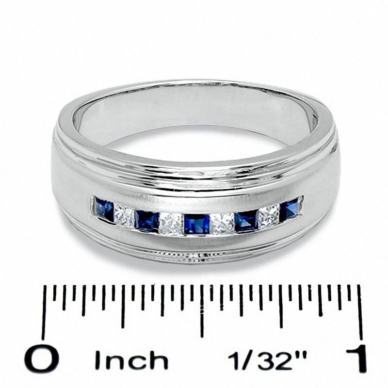 Men's 0.20 CT. T.W. Square-Cut Diamond and Blue Sapphire Band in 14K White Gold