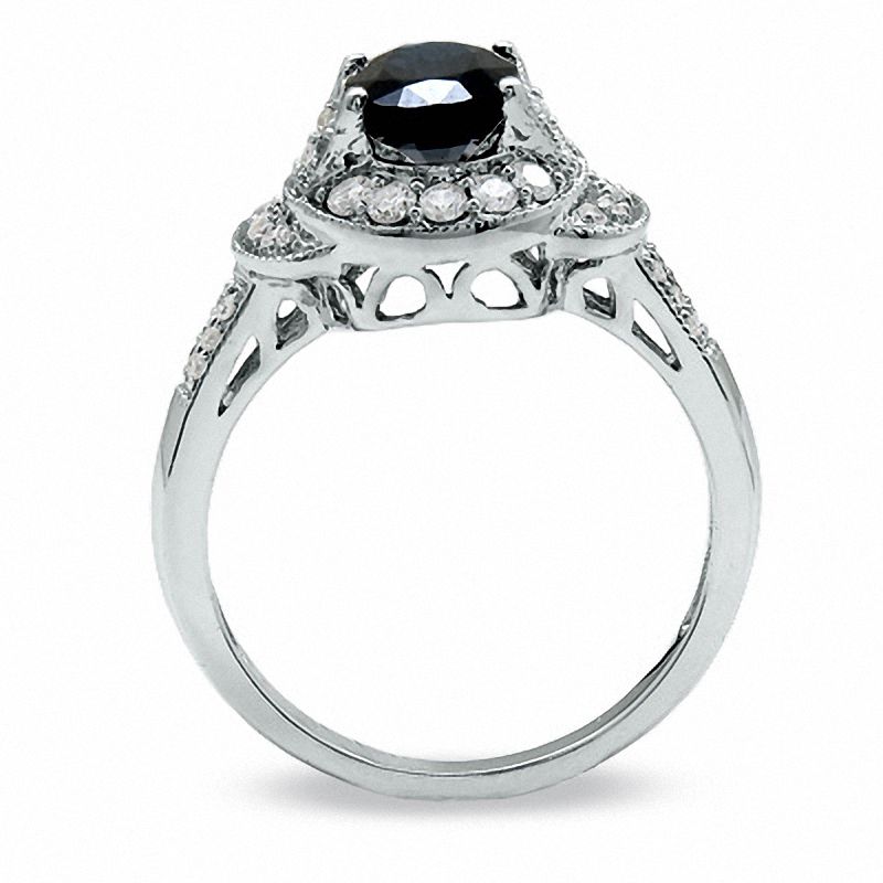 Oval Blue Sapphire and 0.30 CT. T.W. Diamond Milgrain Ring in 14K White Gold