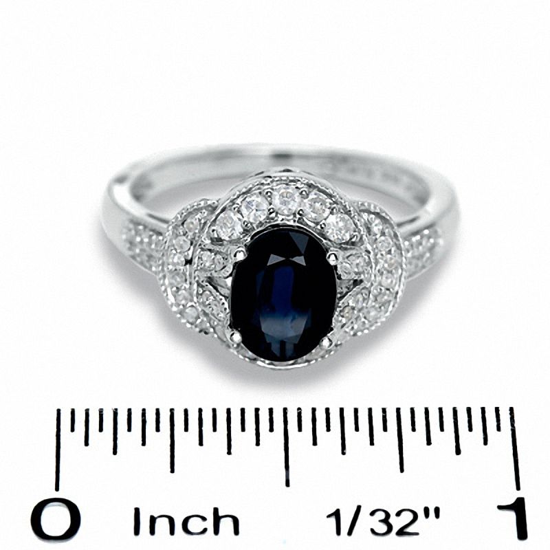 Oval Blue Sapphire and 0.30 CT. T.W. Diamond Milgrain Ring in 14K White Gold