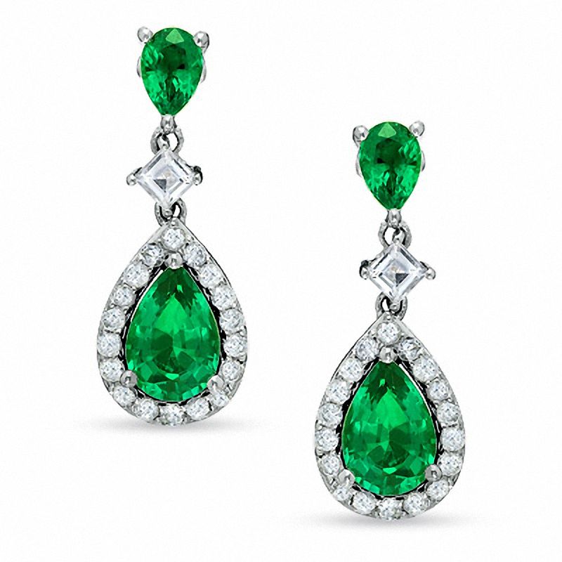 Pear-Shaped Lab-Created Emerald and White Sapphire Drop Earrings in 14K White Gold|Peoples Jewellers