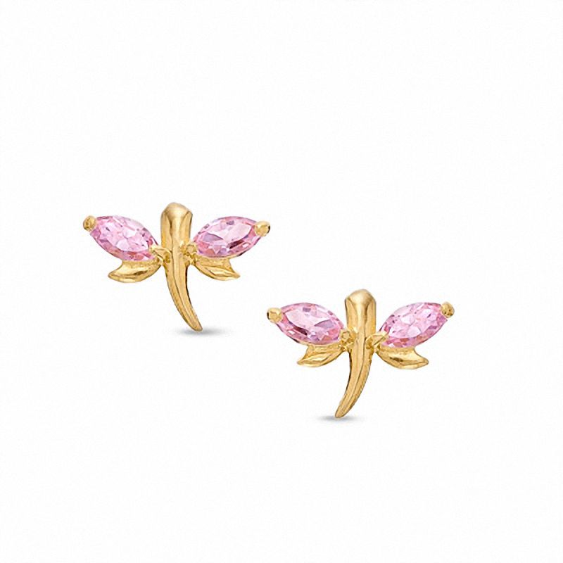 Child's Pink Cubic Zirconia Dragonfly Earrings in 14K Gold