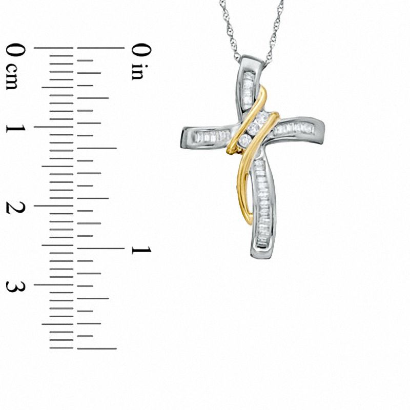 0.25 CT. T.W. Diamond Three Stone Wrapped Cross Pendant in 10K Two-Tone Gold