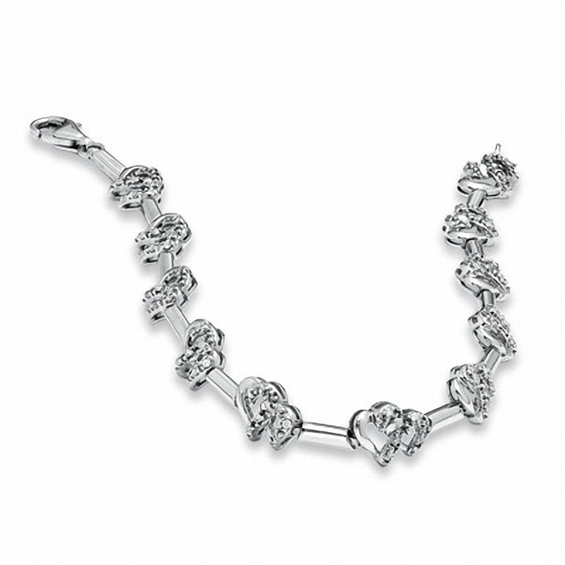 Main Image 2 of 0.20 CT. T.W. Diamond Interlocking Hearts Link Bracelet in Sterling Silver