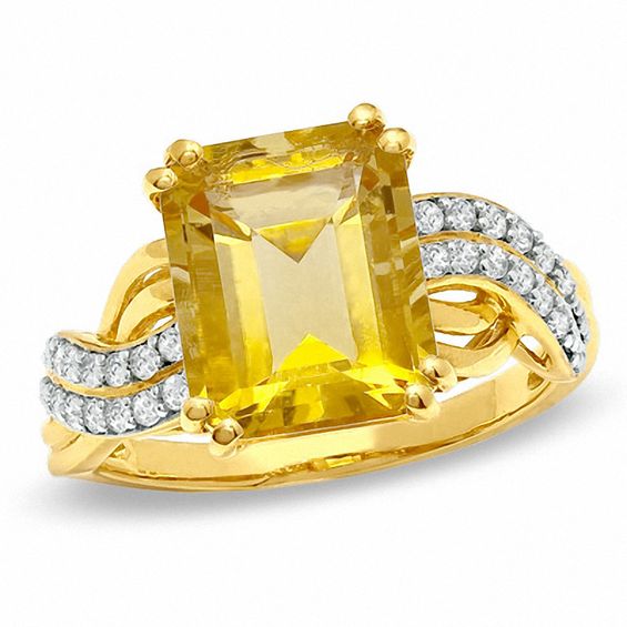 Emerald-Cut Citrine and Lab-Created White Sapphire Swirl Ring in 10K