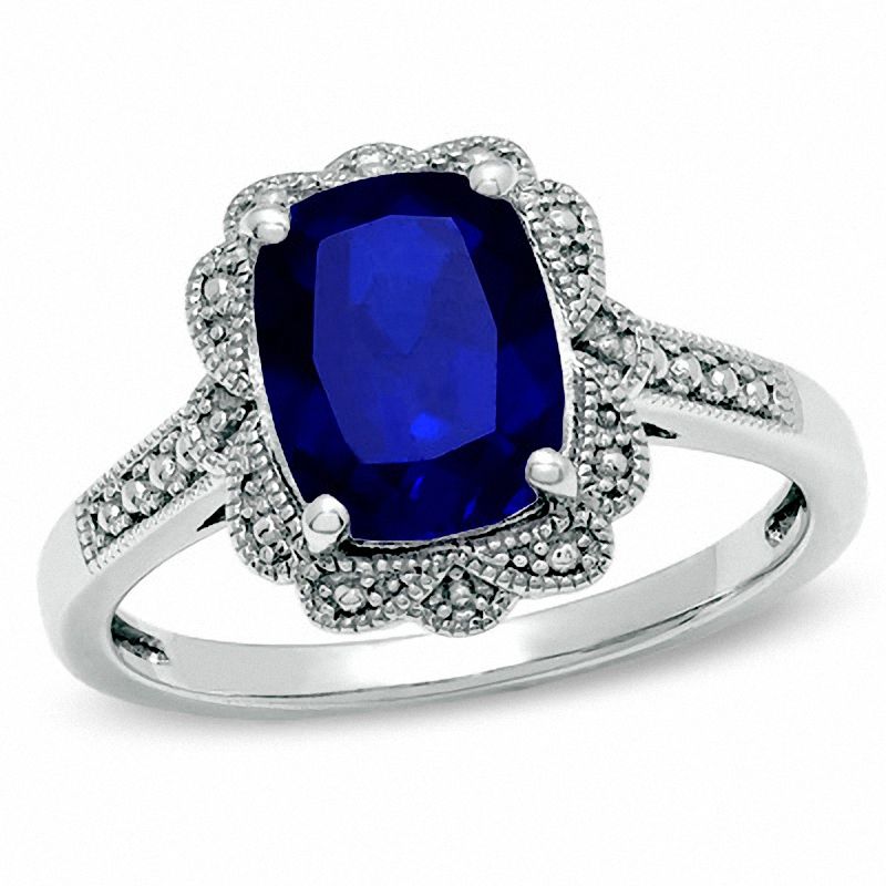 Cushion-Cut Lab-Created Blue Sapphire Vintage-Style Ring in Sterling Silver