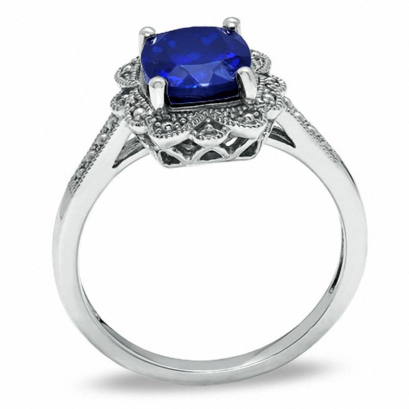 Main Image 2 of Cushion-Cut Lab-Created Blue Sapphire Vintage-Style Ring in Sterling Silver