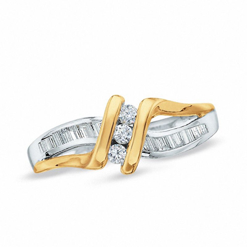 0.25 CT. T.W. Diamond Three Stone Crossover Ring in 10K Two-Tone Gold