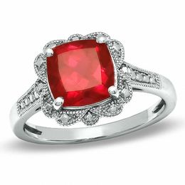 8.0mm Cushion-Cut Lab-Created Ruby Vintage-Style Ring in Sterling Silver