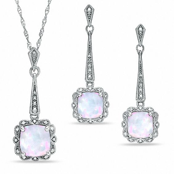Cushion-Cut Lab-Created Opal Vintage-Style Pendant and Earrings Set in Sterling Silver