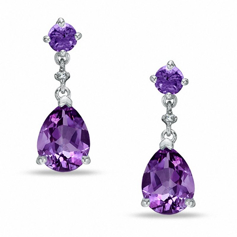 Amethyst Drop Earrings in 10K White Gold with Diamond Accents