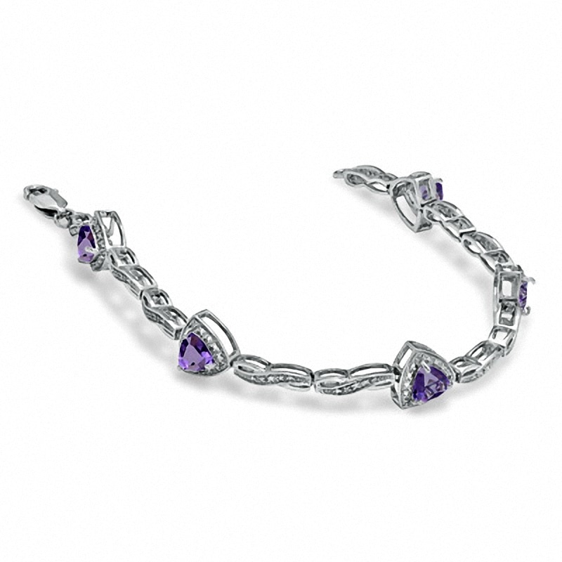 Main Image 2 of 6.0mm Trillion-Cut Amethyst Bracelet in Sterling Silver with Diamond Accent - 7.25"