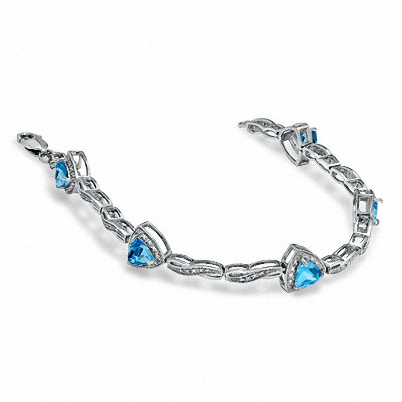 Main Image 2 of 6.0mm Trillion-Cut Blue Topaz and Diamond Accent Bracelet in Sterling Silver - 7.25"