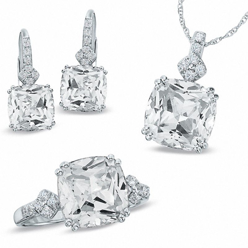 Main Image 1 of Cushion-Cut Lab-Created White Sapphire Pendant, Ring and Earrings Set in Sterling Silver