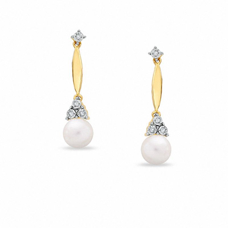 7.0mm Cultured Freshwater Pearl Stick Earrings in 10K Gold with Diamond Accents