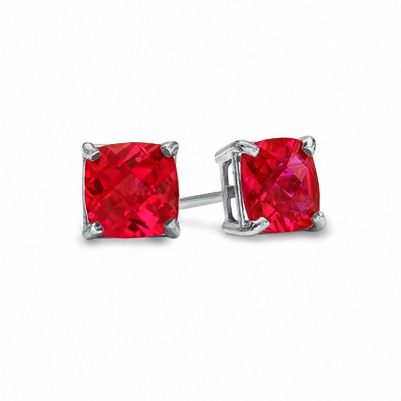 6.0mm Cushion-Cut Lab-Created Ruby Stud Earrings in 10K White Gold