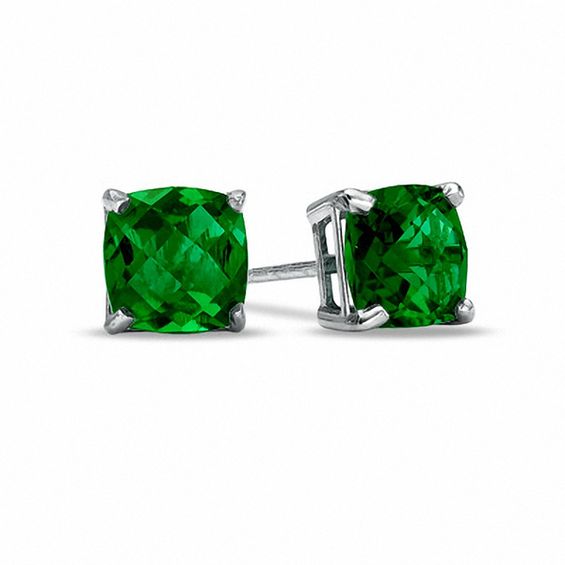 6.0mm Cushion-Cut Lab-Created Emerald Stud Earrings in 10K White Gold