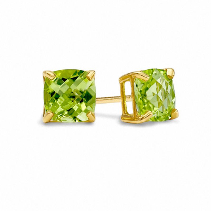 Main Image 1 of 6.0mm Cushion-Cut Peridot Stud Earrings in 10K Gold