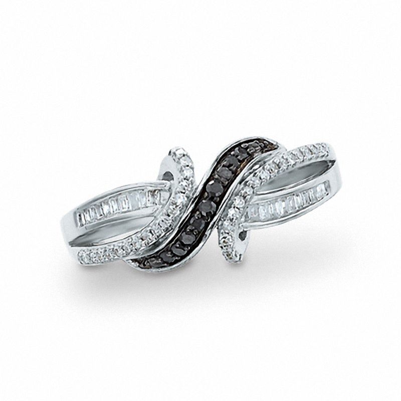 0.25 CT. T.W. Enhanced Black and White Diamond Twist Over Ring in 10K White Gold