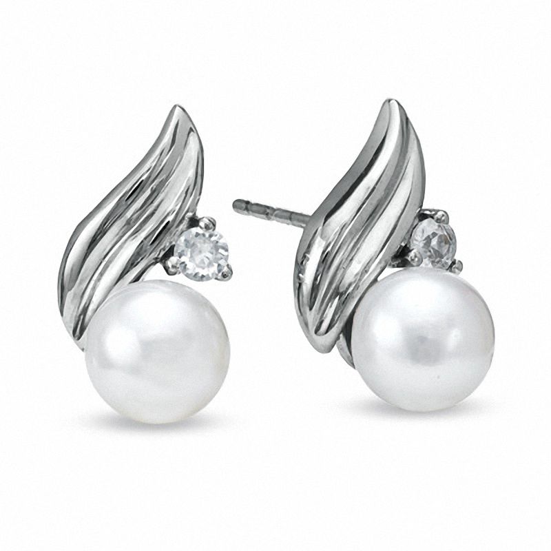 6.0mm Cultured Freshwater Pearl and White Sapphire Earrings in 10K White Gold|Peoples Jewellers