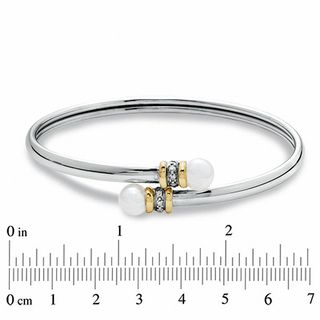 7.0mm Freshwater Cultured Pearl Bypass Bangle in Sterling Silver and 14K Gold with Diamond Accents-7.5"