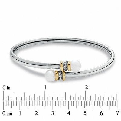 7.0mm Freshwater Cultured Pearl Bypass Bangle in Sterling Silver and 14K Gold with Diamond Accents-7.5"