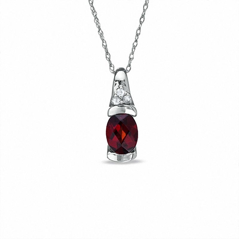 Oval Garnet and White Sapphire Bezel-Set Pendant in 10K White Gold