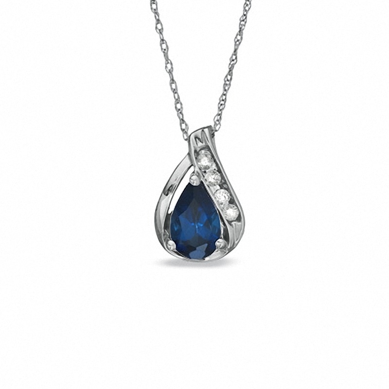 Pear-Shaped Lab-Created Blue Sapphire Pendant in 10K White Gold with White Sapphire Accents