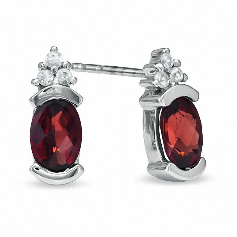Main Image 1 of Oval Garnet and White Sapphire Bezel-Set Earrings in 10K White Gold