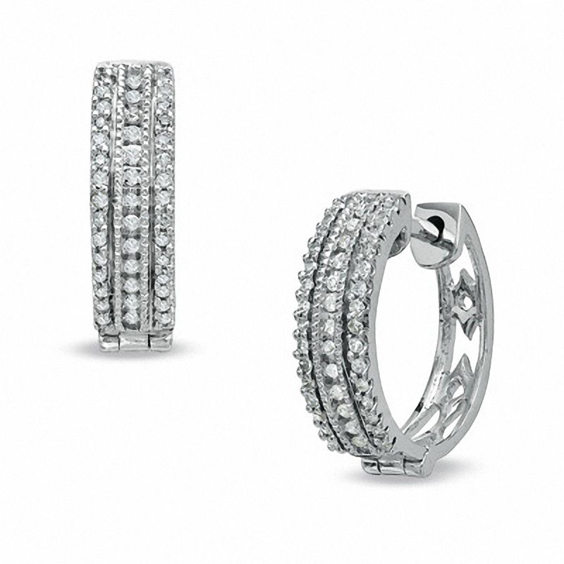 0.25 CT. T.W. Diamond Three Row Hoop Earrings in 10K White Gold|Peoples Jewellers