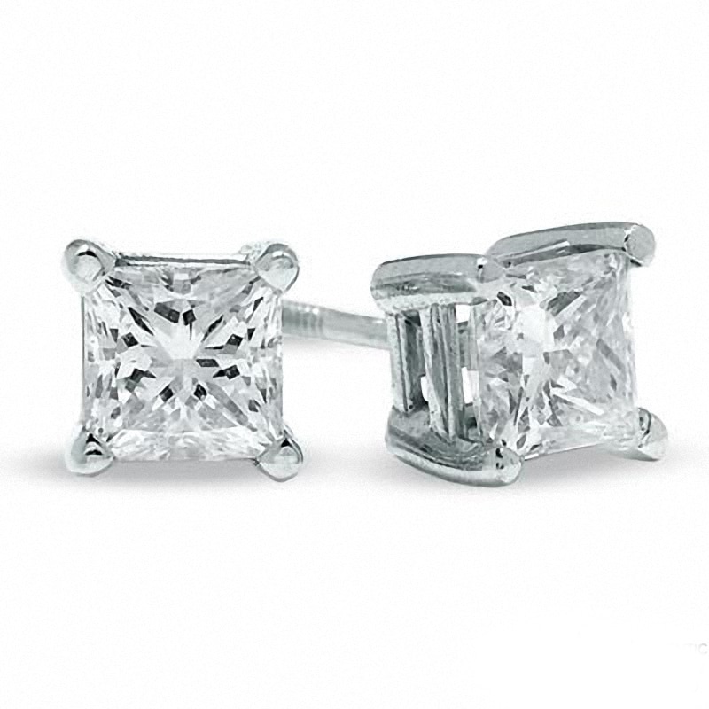 Main Image 1 of 1.00 CT. T. W. Canadian Certified Princess-Cut Diamond Stud Earrings in 14K White Gold (I/I2)