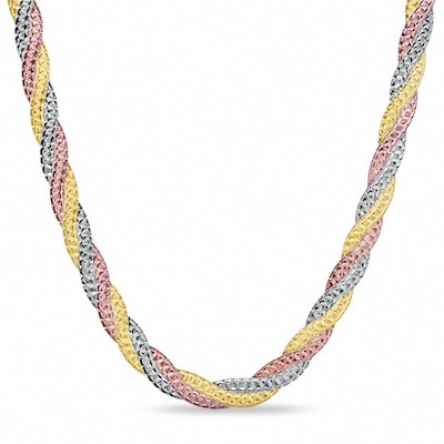 Ladies' Braided Snake Chain Necklace in Sterling Silver with 14K Tri-Tone Gold Plate - 17"