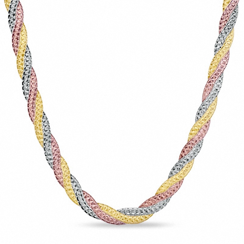 Ladies' Braided Snake Chain Necklace in Sterling Silver with 14K Tri-Tone Gold Plate - 17"