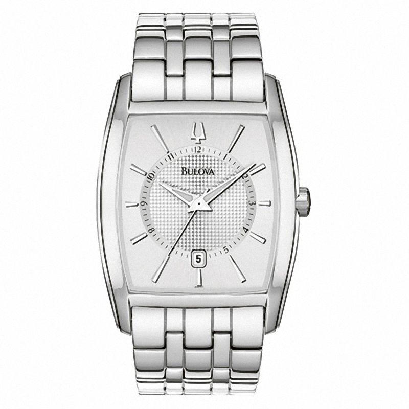 Men s Bulova Watch with Tonneau Silver Tone Dial Model 96B121 Peoples Jewellers