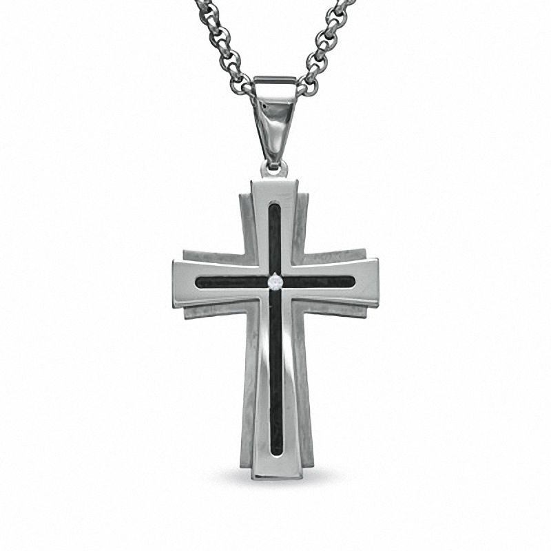 Men's Diamond Accent Cross Pendant in Stainless Steel with Black Inlay - 24"