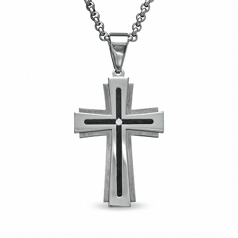 Men's Diamond Accent Cross Pendant in Stainless Steel with Black Inlay - 24"|Peoples Jewellers