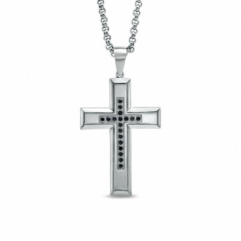 Main Image 1 of 0.15 CT. T.W. Black Diamond Cross Pendant in Stainless Steel - 24"