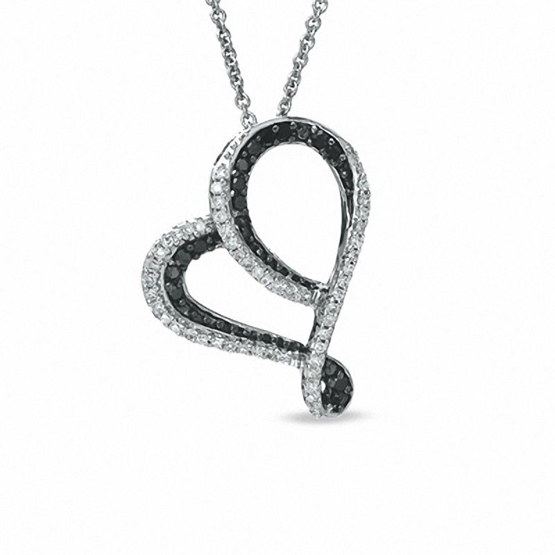 0.20 CT. T.W. Enhanced Black and White Diamond Tilted Heart Pendant in Sterling Silver|Peoples Jewellers