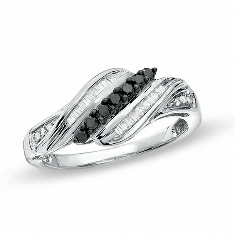 0.25 CT. T.W. Baguette Enhanced Black and White Diamond Fashion Ring in Sterling Silver