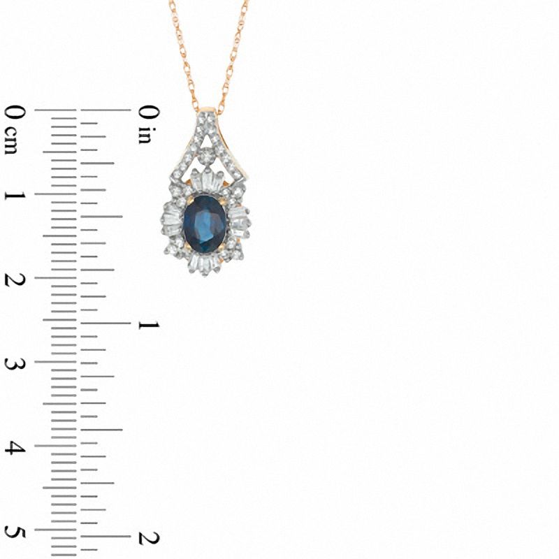 Main Image 2 of Oval Blue Sapphire 0.33 CT. T.W. Diamond Flower Pendant in 14K Gold