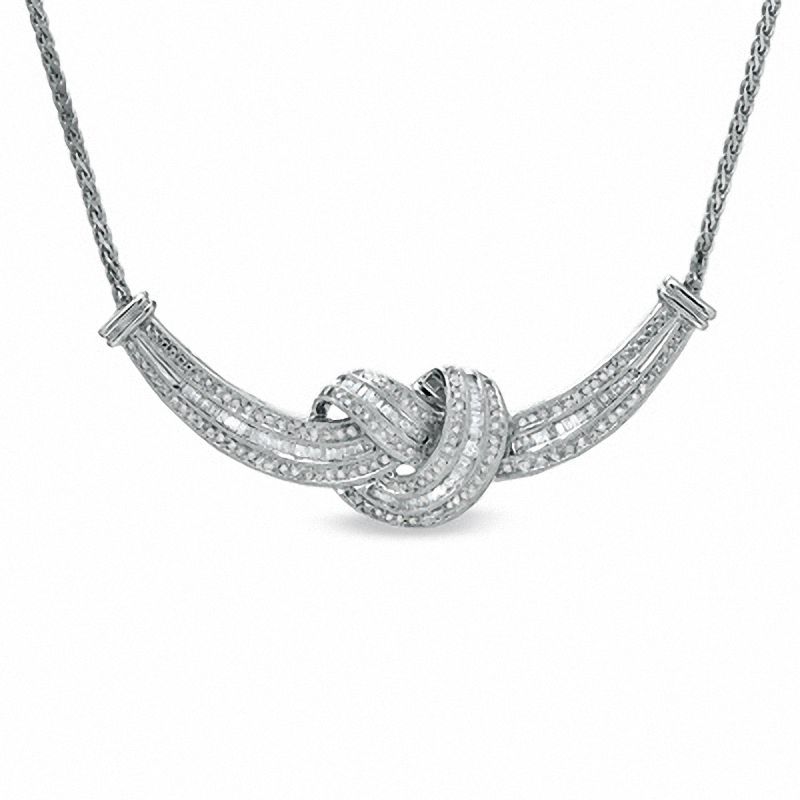 1.00 CT. T.W. Baguette and Round Diamond Knot Necklace in 10K White Gold - 16"|Peoples Jewellers