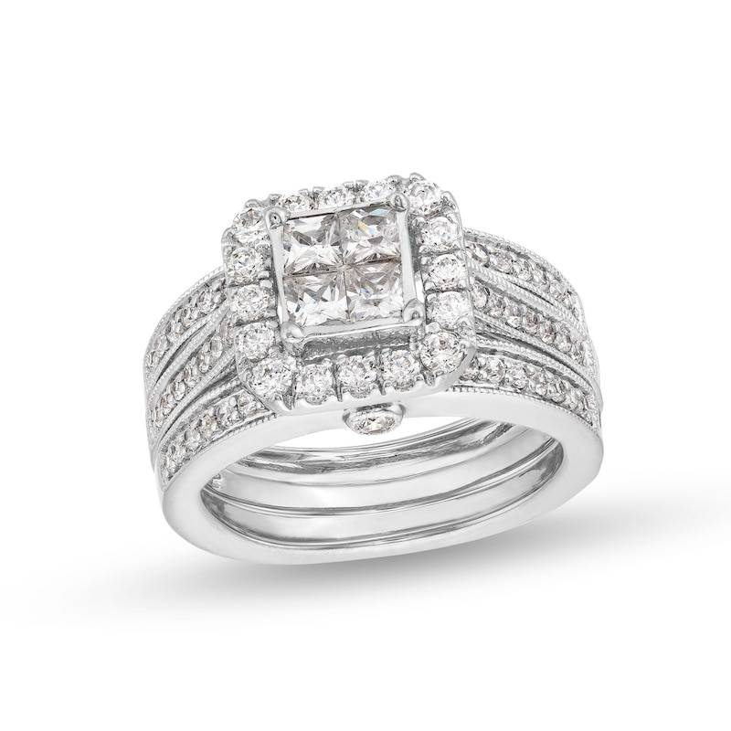 Main Image 1 of 1.50 CT. T.W. Quad Princess-Cut Diamond Framed Bridal Set in 14K White Gold